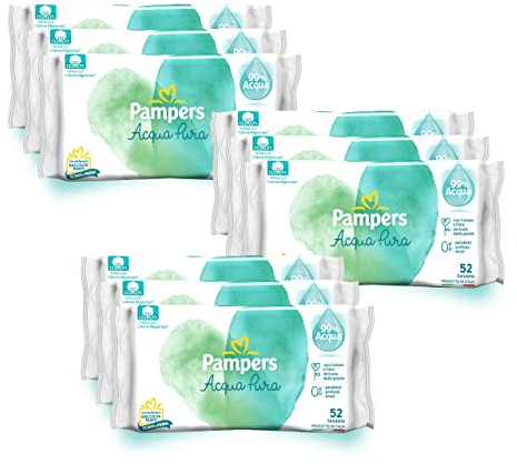 Pampers Acqua Pura Salviette neonato, 468 unità (3 confezioni) - 99% Acqua, 100% Cotone, 0% plastica, alcol e parabeni - Salviettine ideali pelli delicate, umidificate senza profumi aggiunti
