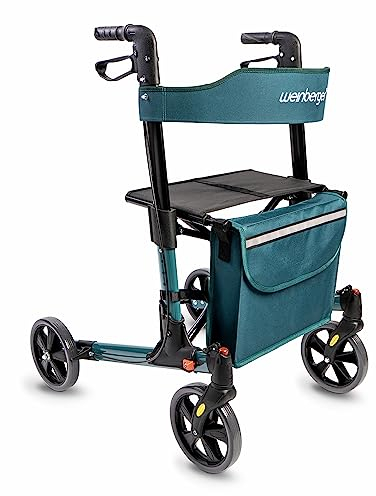 Weinberger leichter klappbarer Alu-Rollator all-Inclusive mit Tasche Stockhalter Bremsen, Leichtgewicht nur 7,3 kg, höhenverstellbar, Gehwagen Gehhilfe Reiserollator, Farbe Petrol-Grün