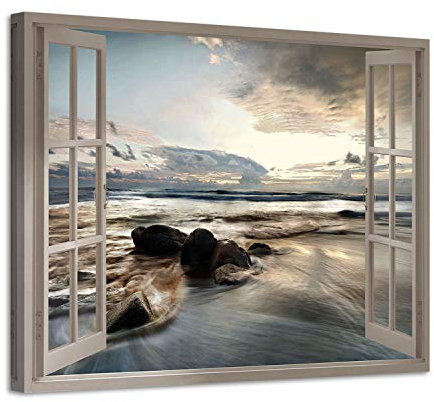 ARTISTIC PATH Open Window Rocky Beach Canvas Wall Art, 16x11 Inch