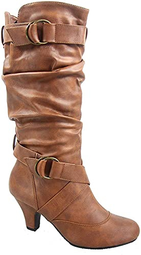 Forever Link Maggie-39 Women's Fashion Low Heel Zipper Slouchy Mid-Calf Boots Shoes (Tan PU, numeric_9)