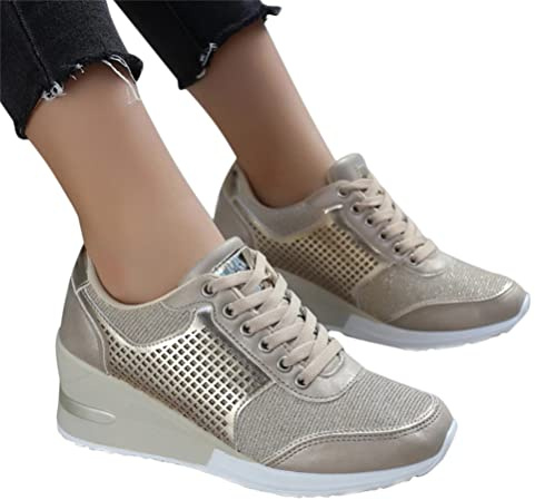 ORANDESIGNE Zapatillas con Cordones Mujer Casual Tacón de Cuña Zapatos Deportivas Caminar Transpirable Deporte Zapatos de Correr Running Sneakers Ligeras Zapato B Oro 35 EU