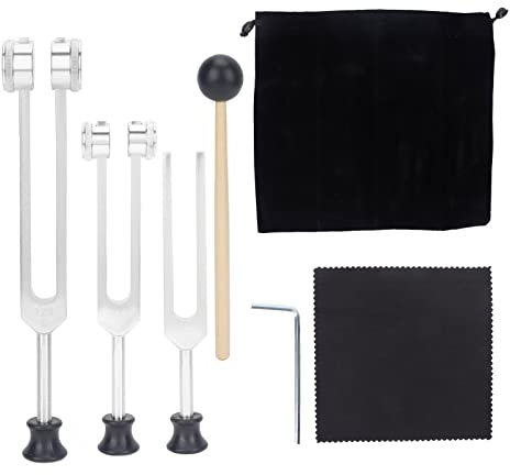 Stimmgabel Hammer Set, Stimmgabel Set aus Aluminiumlegierung 128 256 512 Hz Stimmgabeln Instrument Angebot Genaue Frequenzgang für Heimmeditation oder Yoga, Violine Gitarren Tuner Geräte (Silber)