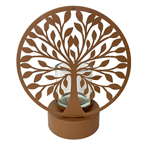 ROCKING GIFTS Portavelas Figura Árbol de la Vida, Metal Color Bronce con Vaso de Cristal, Candelabro Decorativo Étnico, Decoración Ambiente Relajante, 22 cm