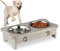 Relaxdays Futterstation Hund, erhöhte Hundebar, 2 Fressnäpfe, je 750 ml, Mangoholz & Edelstahl, Doppel Napfständer, grau