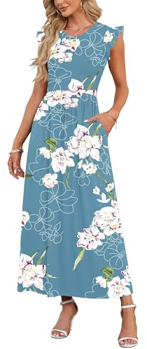AUSELILY Women Casual Maxi Dresses Crew Neck Pockets Dress Summer Floral Blue Dresses for Beach Ruffle Petal Sleeve Slim Dress M