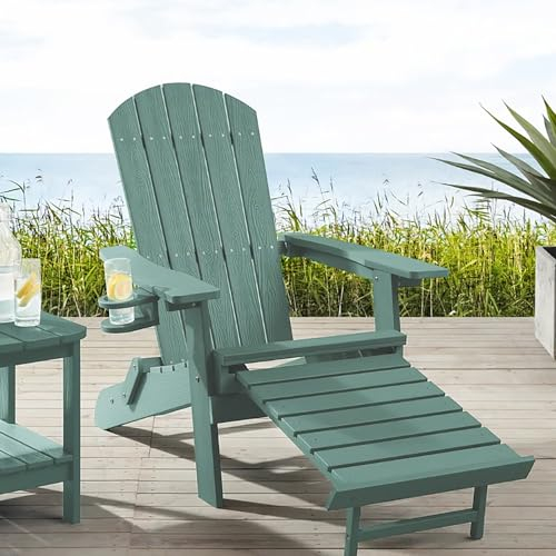 Ogarden Adirondack Loungesessel Arizona, Mit Fußschemel, Getränkehalter, HIPS Kunststoff, Holz-Optik - für Balkon, Terrasse, Rasen, Kamin (Grün)