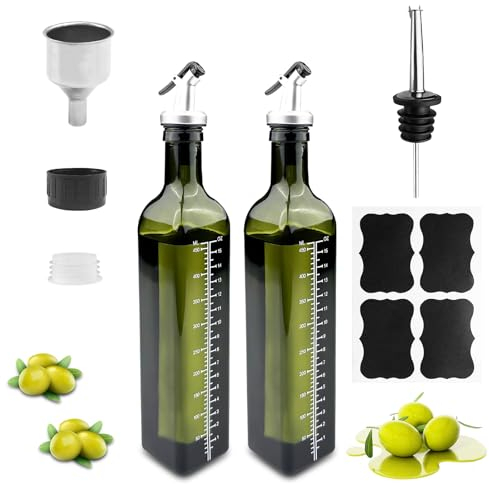 Gvolatee 2 X bouteille huile olive 500ml, Distributeur D'huile D'olive avec Bec Verseur, entonnoir en acier inoxydable, étiquettes, Récipient vinaigre en verre pour Cuisine, Grillades, Cuisson, Salade