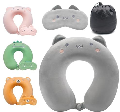 Lookka Almohada de Vaje, Bonita Almohada de Cuello para Niños, Almohada de Espuma Viscoelástica Parael Cuello (Funda Lavable) con Bonita Máscara para Dormir Enel Avión, Reposacabezas de Viaje
