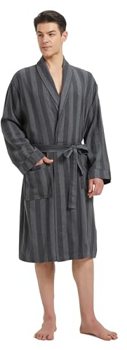 FashGudim Badrock män bomull lätt tunn kort morgonrock män rutig sommar halsduk krage skotsk mönster, Grå och svart randig, 3XL