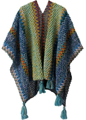 Keuyeo Damen Winter-Poncho, Warm, Übergroß, Gestreift, Strickjacke, Vorne Offen, Poncho, Schal, Wickel, Strick-Poncho, Umhang Für Alle Jahreszeiten