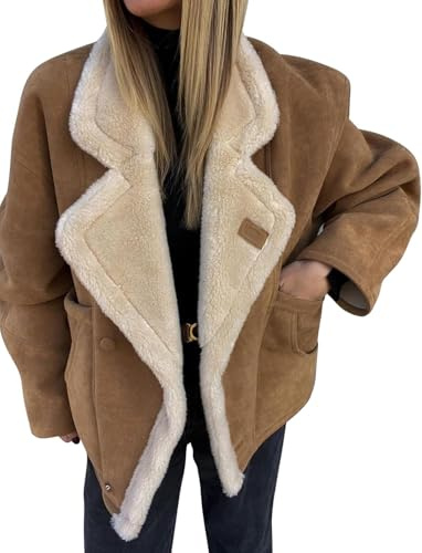 Veste en Peau de Mouton retournée doublée Sherpa pour Femme Manteau épais en Polaire à la Mode d'hiver