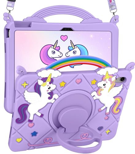 SurgeCraft for iPad A16 Case/10th Generation Case - Girls Girly Teens Cute Cartoon 3D Purple Unicorn Soft Silicone 10.9 2022 Tablet Cover with Strap & Rotating Handle Stand for iPad 11th 11 2025