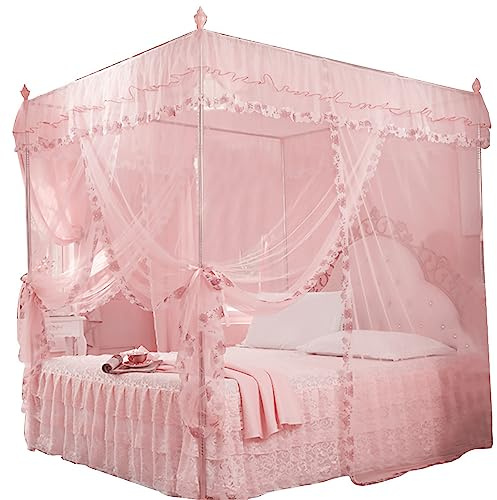 Culnflun Lace Luxury Mosquito Net, Princess Style Lovely Design, Three-Sided Opening Bed Curtain, Breathable Mesh Easy to Clean, To Ensure a Comfortable Sleep, Suitable for 150cm*200cm Bed (Pink)