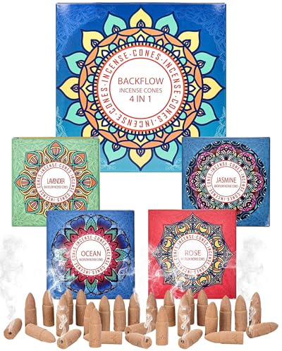 Backflow Incense Cones Gift Set Rose, Jasmine, Ocean, Lavender Variety Pack - 60 Large Back Flow Incense Cones Scented