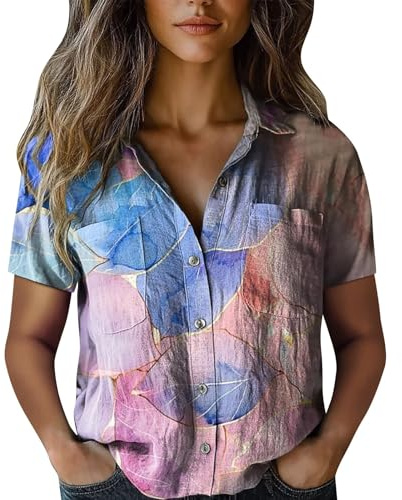 HOOUDO Delivery Linen Blouses for Women UK Boho Floral Summer Tops Short Sleeve Ladies Retro Tunic Top Ladies Loose Casual T Shirt Buy Again My Orders 2023 A Pink