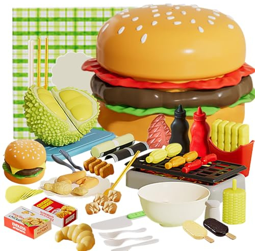 IZDUDO Dinette Nourriture Enfant, 53PCS Hamburger et Aliment Jouets à Couper de Jouet imitant, Jeux à Educatifs pour Garcon Fille 3+ Ans