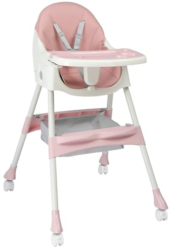 LEADZM 2 en 1 Chaise Haute Bébé Pliable, 3 Angles Réglables, Double Plateau Amovible, avec Roues Universelles et Panier de Rangement, Charge Maximale 15 kg, Bébés Âgés de 6 à 36 Mois (Rose Bébé)