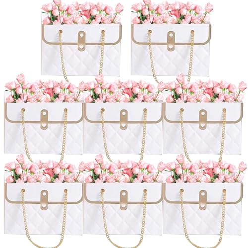 8x Flower Bouquet Packaging Handbag Holder, Flower Storage Paper Boxes Bouquet Wrapping Paper Bags Waterproof Floral Arrangement Packaging Bag With Handle For Valentine's Wedding Florist Supplies