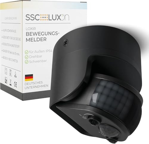 SSC-LUXon LOXIR détecteur de Mouvement PIR Noir IP54 – capteur 12 m orientable 180°/360° pour intérieur & extérieur – Motion Sensor pour entrée et façade