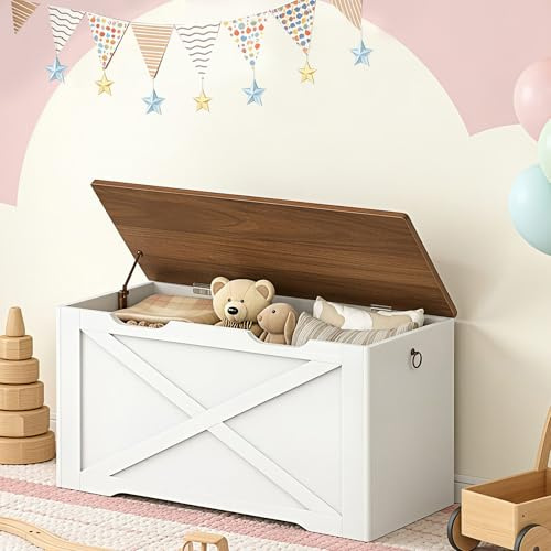 RALGEND Toy Chest, 31.5 Farmhouse Storage Chest with Metal Hinge and Pull Handles, Wooden Storage Bench, Toy Box for Living Room, Bedroom, Entrance, Walnut and White