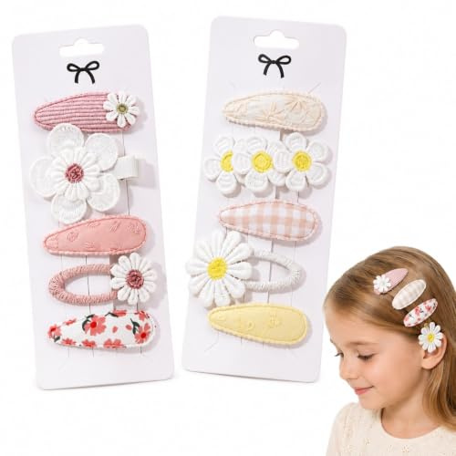10PCS Baby Hair Clips for Girls Toddler, Snap Floral Hair Clips Mini Fringe Barrettes Snap Pins Embroidered Daisy Design for Infant & School Age Thin, Hair Accessories Barrettes for Baby Girl