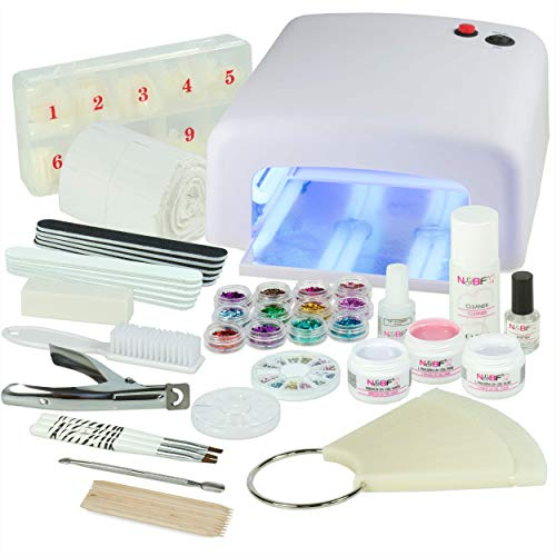 NAILS FACTORY | Kit Debutant | Ongels en gel | Nettoyant pour ongles | Professionnel pour Pose de Gel UV Blanc | Nagelset idéale avec l'art d'ongle, lampe UV et UV Gel Starter