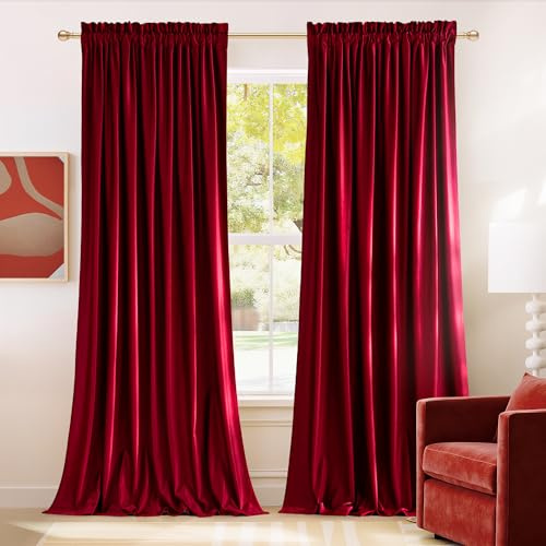 NICETOWN Red Velvet Blackout Curtains 84 inches Long 2 Panels for Bedroom, Thermal Wall Decor Soundproof Privacy Protection Panels for Home Theatre/Film Room/Stage (Rod Pocket Design)