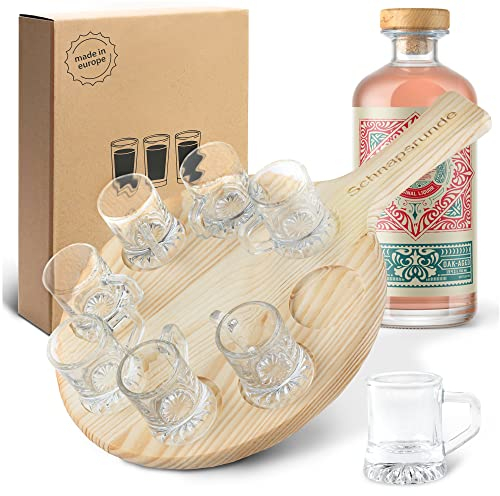 Smart Planet - Plateau de service pour eau-de-vie - En bois de hêtre - 8 verres à eau-de-vie - Avec inscription « Schnapsrunde » - Dotée de poignée - Idéal pour soirée liqueur ou comme cadeau