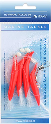 Mikado Hair Tube Rig Paternoster Pré-perforé pour Village avec Tuyau Rouge et Plumes Jaunes ou Blanches, avec Crochet 1/0 et 3/0, Vorfach 1/0 - Rot-Weiß