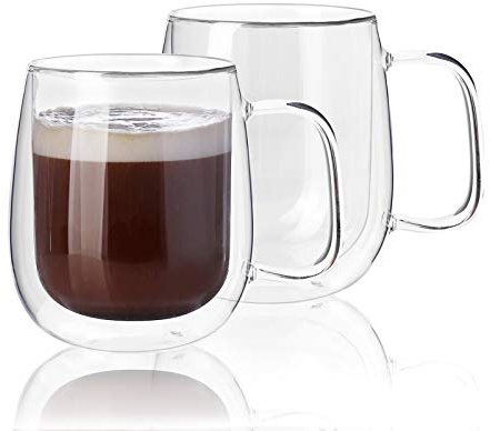 Kanwone Large Glass Coffee Mugs - 14 Ounce - Double Wall Insulated Glasses with Handle, Clear Glass Coffee Mugs, Perfect for Latte, Macchiato, Americano, Cappuccino, Tea and Beverage, Set of 2