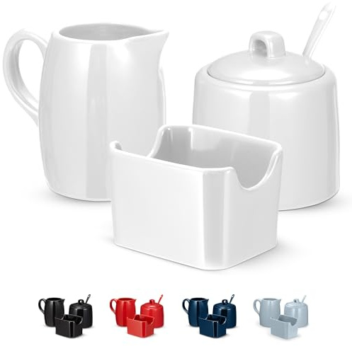 KooK Sugar and Creamer Set, 3 Piece, Pitcher, Sugar Bowl with Lid and Spoon, Sweetener Holder (White)