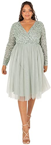 Maya Deluxe Women's Maya Faux Warp Front Embellished Midi Bridesmaid Dress, Frosted Pink,Green Lily,50