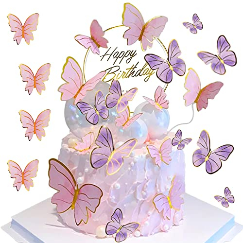 Papillon Décoration Gâteau, 21 Pièces Gâteau Topper de Papillon, 3D Papillon Cupcake Décorations, Deco Gateau Anniversaire Fille, Happy Birthday, pour Fête, Mariage, Rose, Violet