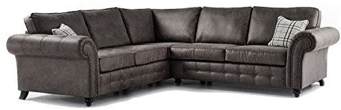 Furnishings For Less UK New Oakland Large 5 Seater Corner Sofa Leather Dark Charcoal Chesterfield Country Style (Corner, Charcoal)