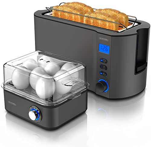 Arendo SET Toaster MANHA mit Eierkocher EIGHTCOOK Edelstahl Cool Grey Toaster 4 Scheiben Display 6 Bräunungsgrade Brötchenhalter Eierkocher 1-8 Eier Messbecher