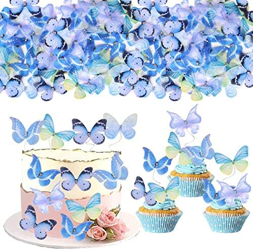 30 pezzi 3D Farfalla Cupcake Toppers con cristallo a doppio strato artistico a farfalla, decorazione per torta di compleanno, decorazione per bambini, doccia, matrimonio, torte, colore blu misto