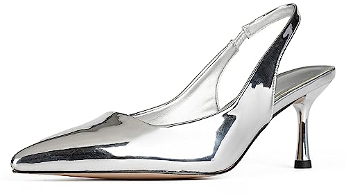 DREAMCIA Damen-Pumps mit Slingback-Absatz, spitzer Zehenbereich, Slingback, Kitten-Heels, metallisch, Slingback-Pumps für Brautkleider, Hochzeitsschuhe, Rund-Silber, 38.5 EU