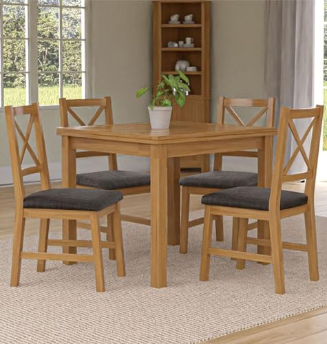 Hallowood Furniture Waverly Oak Extendable Dining Table and Chairs Set 4, Rectangular Small Kitchen Table and Chairs with Cross Back and Charcoal Grey Fabric Padded Seats for Home and Café