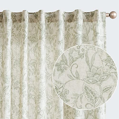 TOPICK Gardinen Leinen Vorhänge Blumen Bedruckt Wohnzimmer Gardine mit verdeckten Schlaufen Curtains Living Room für Schlafzimmer Landhaus Tür 2er-Set Grün auf Beige 140B x 245H(cm)