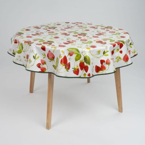 laro 140cm runde Wachstuch Tischdecke abwaschbar Wachstuchtischdecke mit Saum-Eingefasst-Paspelband, Muster:Erdbeeren Rot Weiß, Größe: Rund 140cm