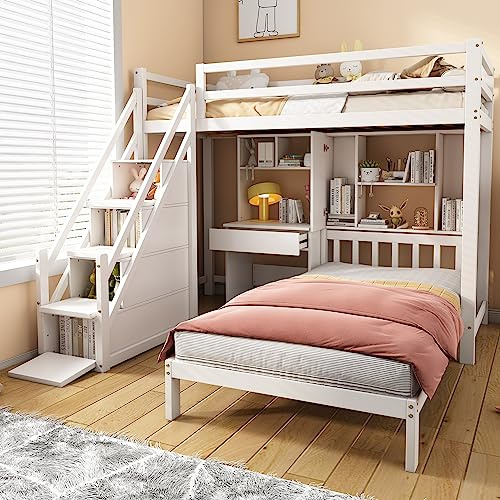 Kayan Bunk Bed for Kids, Wood House Bunk Bed 90 x 190 cm, Solid Pine Wood Kids Loft Bed Frame with Storage Ladder, Desk and Shelves, Double Bed, Multifunctional Children's Bed