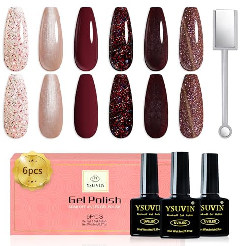Yueshop Cat Eye Gel Nail Polish, 6 Colors Burgundy Dark Red Glitter Champagne Chocolate Brown Gel Nail Polish Set With Magnet,Winter gel Polish Soak Off UV LED Nail Art Varnish Kit,8ml