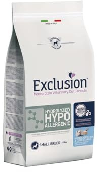 Exclusion Hypoallergenic Hydrolyzed Small Adult Pesce e Amido di Mais 2kg, alimento dietetico per cani adulti con reazione avversa al cibo.