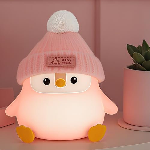 FAMIDUO Luce notturna in silicone a forma di pinguino, graziosa lampada a forma di pinguino rosa con cappello lavorato a maglia, luce notturna morbida, ricaricabile tramite USB, dimmerabile, lampada a