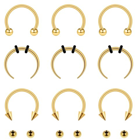 Meyeyaia 9 Stück Hufeisen Piercing Gold 16 g Nasenseptum Chirurgenstahl Nasenring Septum Piercing Schmuck Set Lippenpiercing Ring Damen Augenbrauen Piercings Herren (Gold)