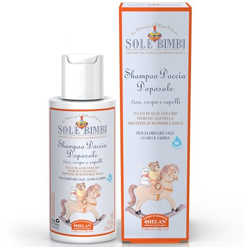 Helan, Sole Bimbi - Shampoo Bagnoschiuma Bambini Doposole Corpo, Viso e Capelli Idratante Calmante, Docciaschiuma Dopo Sole Ristrutturante con Proteine di Mandorle Dolci, Aloe Vera e Calendula, 150 ml