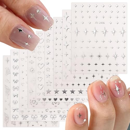 JMEOWIO Farfalla Stella Luna Argento Adesivi Unghie Nail Art 9 Fogli Stickers Unghie Autoadesivi Decorazioni Unghie Nail Art Disegni