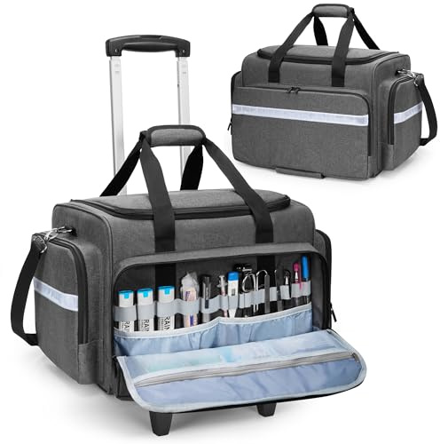 Damero Borsa Medico con Carrello Rimovibile, Kit Pronto Soccorso Casa a Rotelle per Attrezzature Mediche, Borsa Pronto Soccorso per Infermieri, Medici, Paramedici, EMS, Grigio