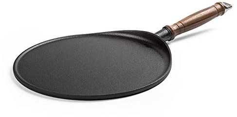 JYBNBBE Padella per crêpes in ghisa Pre-stagionata con Manico in Noce, per bistecche, Pizza, Adatta a Tutti i Piani Cottura, Inclusa l'induzione, Padella Nera
