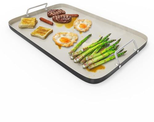 SafBbcue 20 x 13 Double Burner Griddle Pan, Non-Stick Ceramic Coated, for Outdoor Gas Pellet Grill, Stove Top Charcoal Grills, for Weber Charbroil Camp Chef Grill, Black